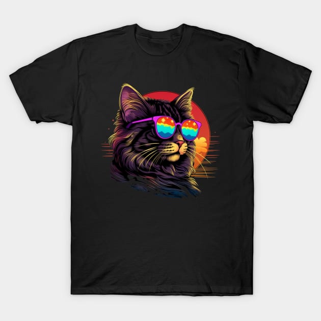 Retro Wave Bobtail Cat Shirt T-Shirt by Miami Neon Designs